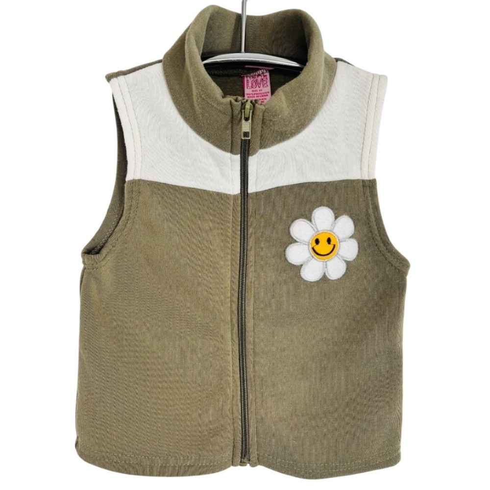 Love Olive Green & White Kids Girl Full Zip Vest with Smiley Flower Size 3T